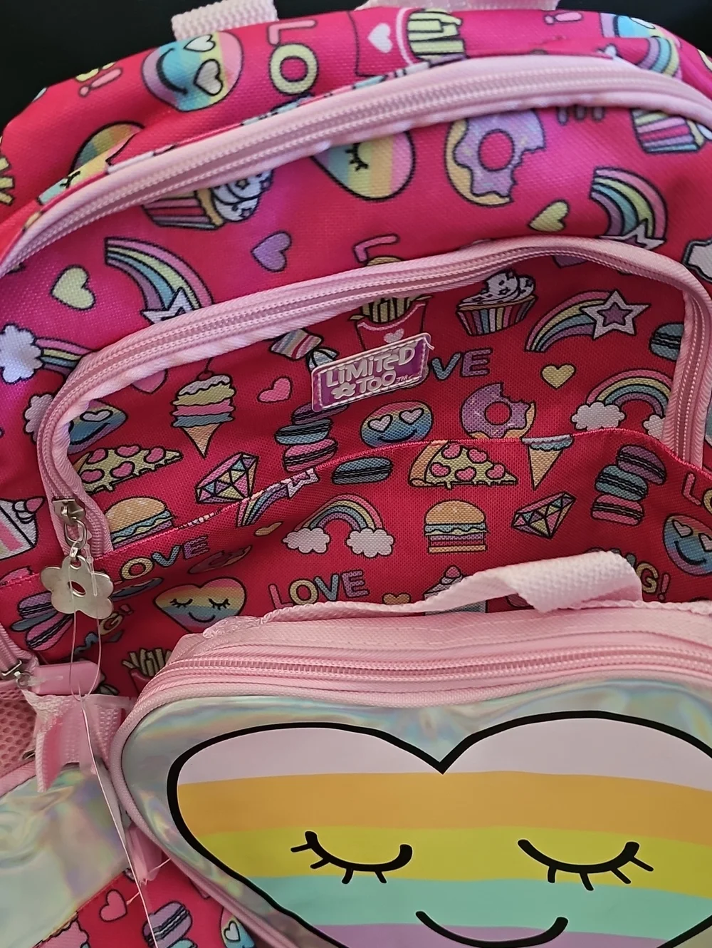 Limited Too Pink Rainbow Heart 5 Piece Backpack School Set NWT